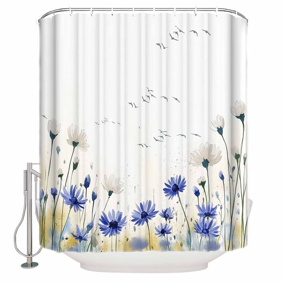 Small Stall Shower Curtain 36x72 Inch Narrow Half Size Botanical Flowers Bath Curtains Bathroom Decor Watercolor Country Blue White Floral Waterproof Fabric Shower Curtain Set with Hooks 36 Inch