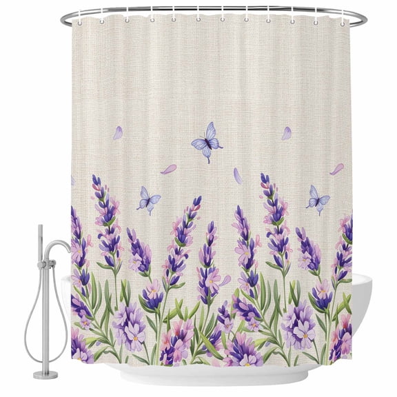 Small Stall Shower Curtain 36x72 Inch Narrow Half Size Botanical Lavender Floral Bath Curtains Bathroom Decor, Purple Flowers Butterfly Beige Waterproof Fabric Shower Curtain Set with Hooks 36 Inch