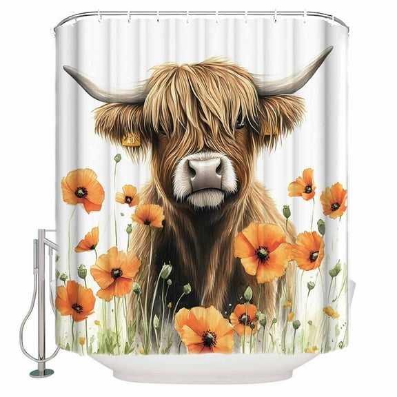 Small Stall Shower Curtain 36x72 Inch Narrow Half Size Brown Yak Farmhouse Bath Curtains Bathroom Decor Spring Country Floral Botanical Waterproof Fabric Shower Curtain Set with Hooks 36 Inch