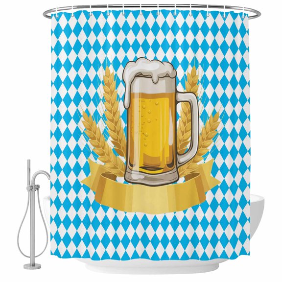 Small Stall Shower Curtain 36x72 Inch Narrow Half Size Cartoon Beer Bath Curtains Bathroom Decor, Funny Wheat Abstract Blue White Plaid Waterproof Fabric Shower Curtain Set with Hooks 36 Inch