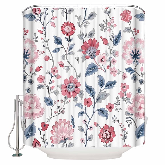 Small Stall Shower Curtain 36x72 Inch Narrow Half Size Cherry Blossoms Bath Curtains Bathroom Decor Pink Flower Blue Leaf Garden Wildflower Waterproof Fabric Shower Curtain Set with Hooks 36 Inch