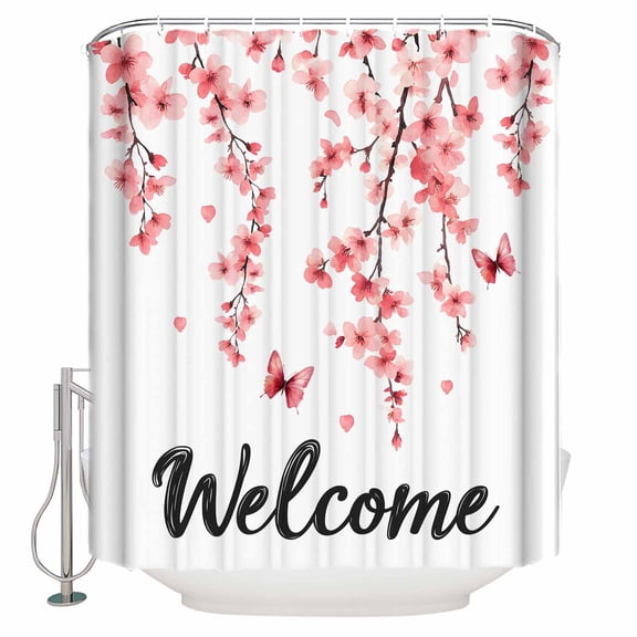 Small Stall Shower Curtain 36x72 Inch Narrow Half Size Cherry Blossoms Bath Curtains Bathroom Decor Spring Rustic Botanical Flowers Waterproof Fabric Shower Curtain Set with Hooks 36 Inch