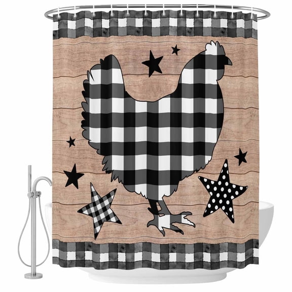 Small Stall Shower Curtain 36x72 Inch Narrow Half Size Chicken Hen Bath Curtains Bathroom Decor, Rooster Animals Farmhouse Plaid Brown Wooden Grain Waterproof Shower Curtain Set with Hooks 36 Inch
