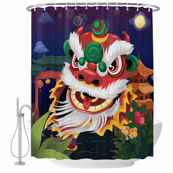 Small Stall Shower Curtain 36x72 Inch Narrow Half Size Chinese Lion Dance Bath Curtains Bathroom Decor, Rustic Chinese New Year Paintings Waterproof Fabric Shower Curtain Set with Hooks 36 Inch