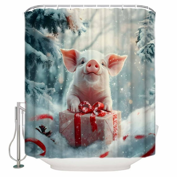 Small Stall Shower Curtain 36x72 Inch Narrow Half Size Christmas Bath Curtains Bathroom Decor Snow Forest Pine Tree Cute Animal Pig Waterproof Fabric Shower Curtain Set with Hooks 36 Inch