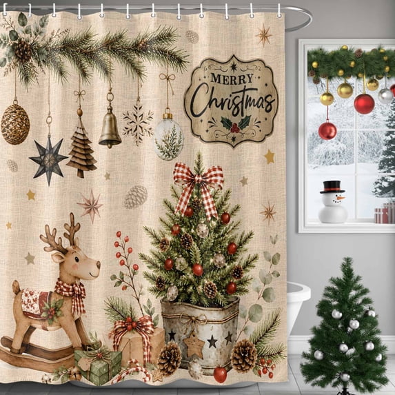 Small Stall Shower Curtain 36x72 Inch Narrow Half Size Christmas Bath Curtains Bathroom Decor, Xmas Elk Balls Botanical Farmhouse Trees Waterproof Fabric Shower Curtain Set with Hooks 36 Inch