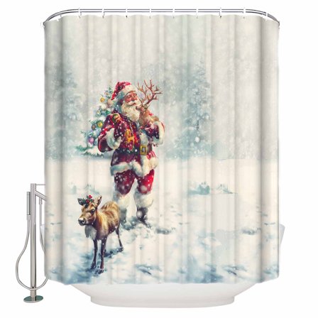Small Stall Shower Curtain 36x72 Inch Narrow Half Size Christmas Bath Curtains Bathroom Decor Xmas Santa Deer Snowflake Winter Waterproof Fabric Shower Curtain Set with Hooks 36 Inch