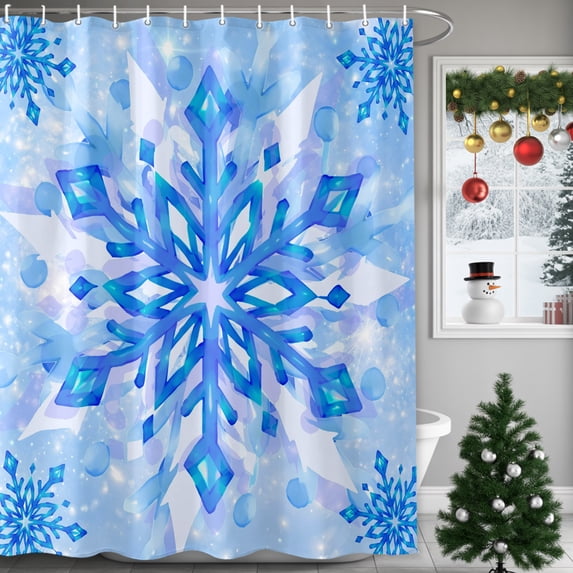 Small Stall Shower Curtain 36x72 Inch Narrow Half Size Christmas Blue Snowflakes Bath Curtains Bathroom Decor, Winter Modern Minimalist Textured Waterproof Shower Curtain Set with Hooks 36 Inch
