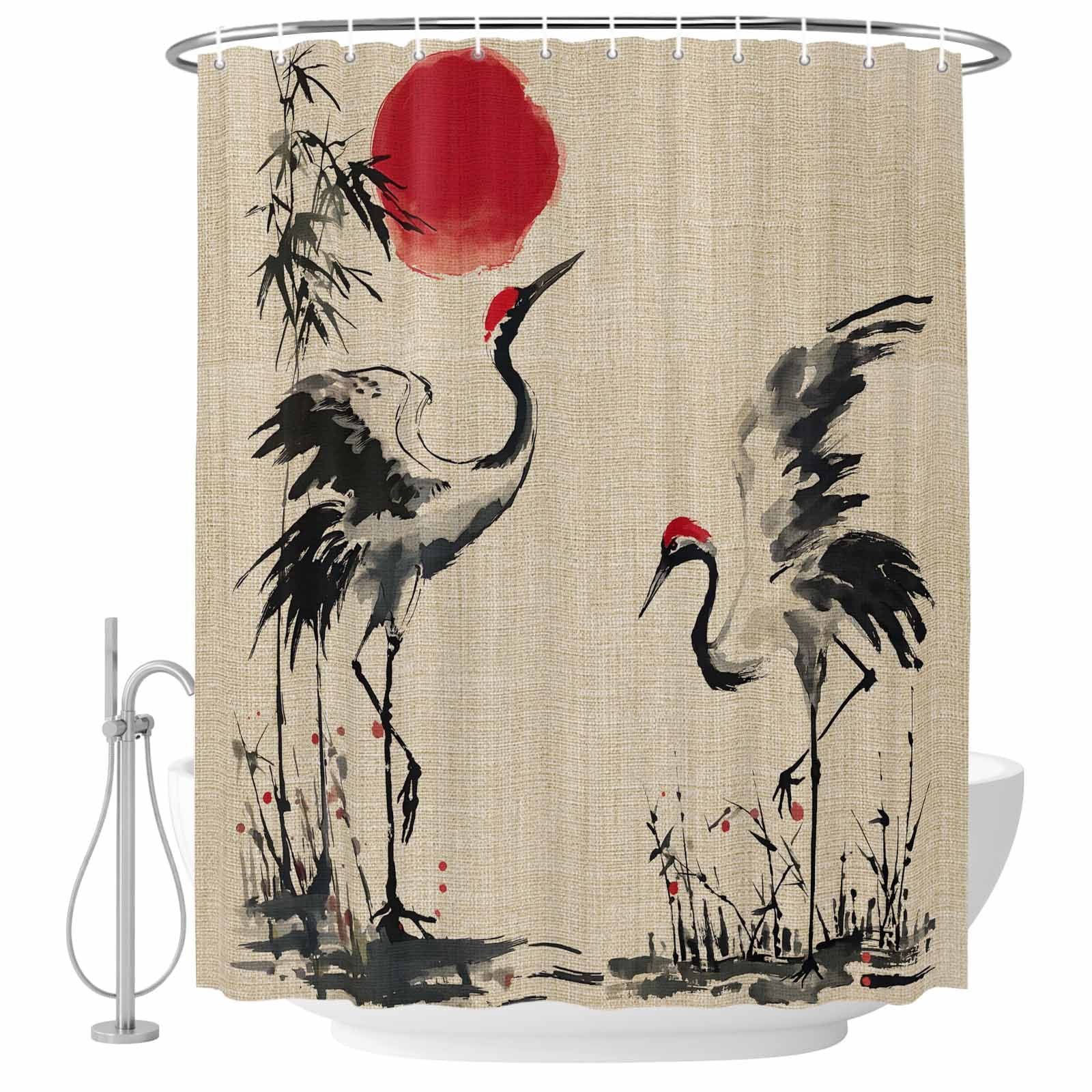 Small Stall Shower Curtain 36x72 Inch Narrow Half Size Crane Bath Curtains Bathroom Decor, Black White Ink Wash Red Moon Botanical Farmhouse Waterproof Fabric Shower Curtain Set with Hooks 36 Inch