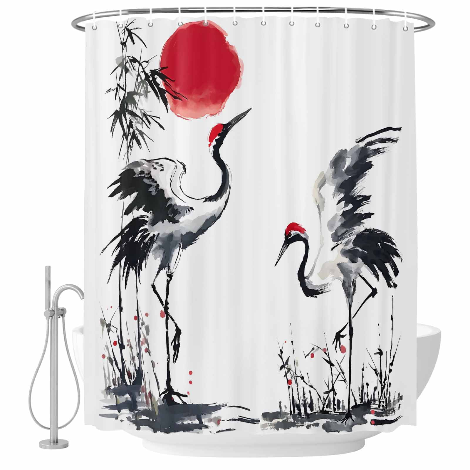 Small Stall Shower Curtain 36x72 Inch Narrow Half Size Crane Bath Curtains Bathroom Decor, Black White Ink Wash Red Moon Botanical Waterproof Fabric Shower Curtain Set with Hooks 36 Inch