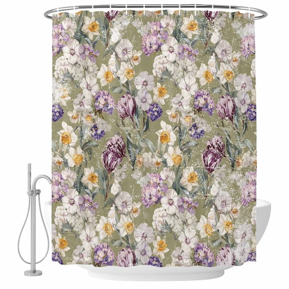 Small Stall Shower Curtain 36x72 Inch Narrow Half Size Dark Sage Green Botanical Bath Curtains Bathroom Decor, Spring Floral Summer Botanical Retro Waterproof Shower Curtain Set with Hooks 36 Inch