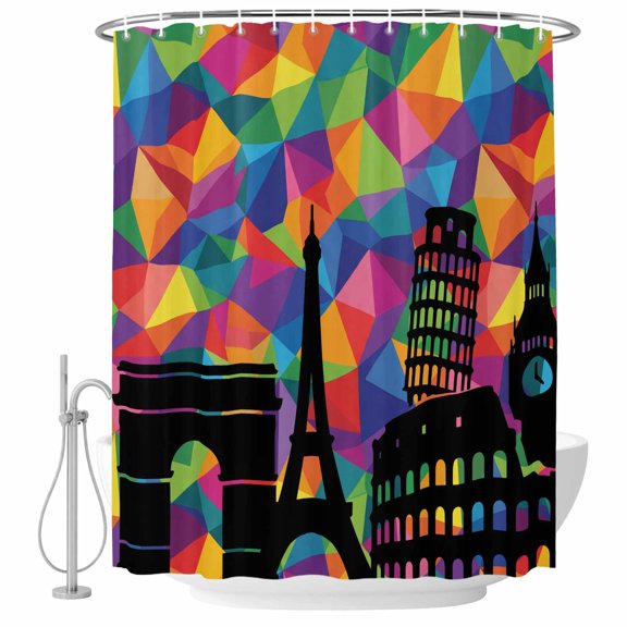 Small Stall Shower Curtain 36x72 Inch Narrow Half Size Eiffel Tower Bath Curtains Bathroom Decor, Modern Colorful European Architectural Art Waterproof Fabric Shower Curtain Set with Hooks 36 Inch