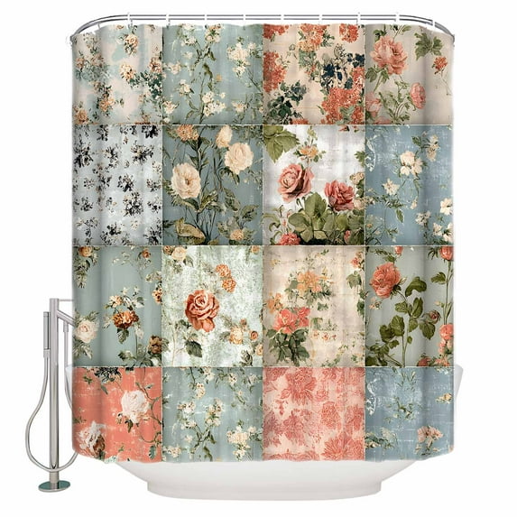 Small Stall Shower Curtain 36x72 Inch Narrow Half Size Elegant Spring Floral Bath Curtains Bathroom Decor Farmhouse Summer Botanical Plaid Waterproof Fabric Shower Curtain Set with Hooks 36 Inch