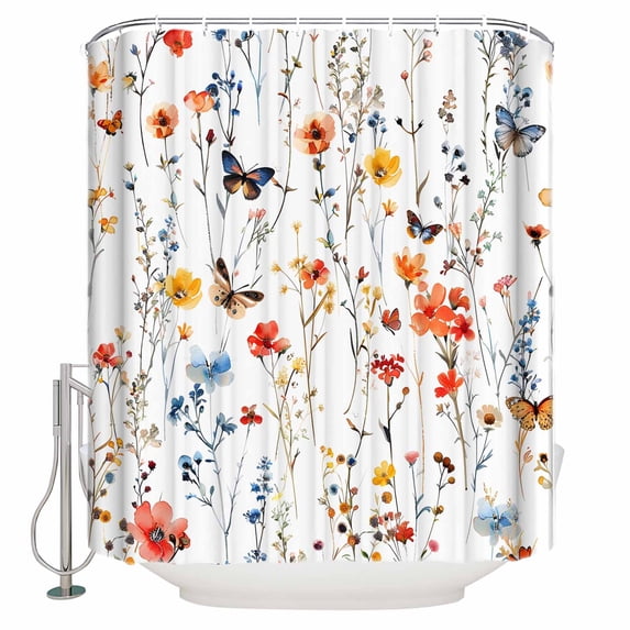 Small Stall Shower Curtain 36x72 Inch Narrow Half Size Elegant Spring Floral Bath Curtains Bathroom Decor Watercolor Botanical Butterfly Waterproof Fabric Shower Curtain Set with Hooks 36 Inch