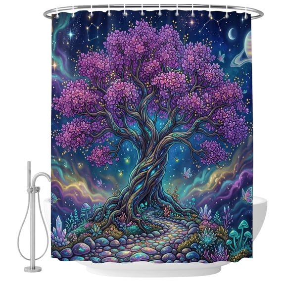 Small Stall Shower Curtain 36x72 Inch Narrow Half Size Fantasy Tree Galaxy Bath Curtains Bathroom Decor, Neon Plants Abstract Sky Stars Waterproof Fabric Shower Curtain Set with Hooks 36 Inch
