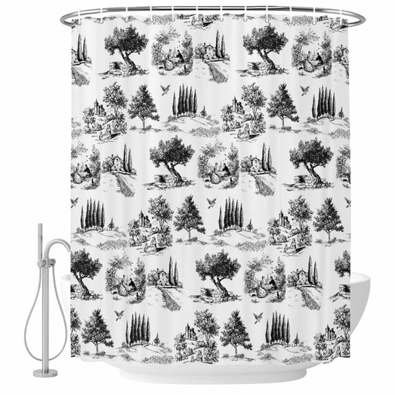Small Stall Shower Curtain 36x72 Inch Narrow Half Size Farmhouse Country Bath Curtains Bathroom Decor, Black Vintage Trees Rustic French Garden Waterproof Fabric Shower Curtain Set with Hooks 36 Inch