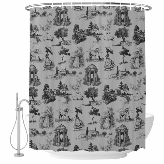 Small Stall Shower Curtain 36x72 Inch Narrow Half Size Farmhouse Country Bath Curtains Bathroom Decor, Vintage French Garden Horse Swan Waterproof Fabric Shower Curtain Set with Hooks 36 Inch