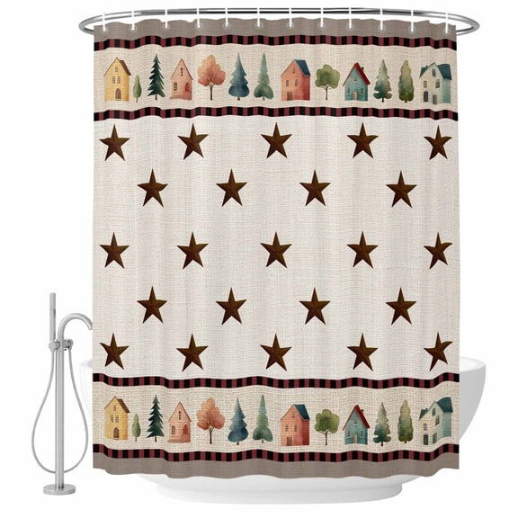 Small Stall Shower Curtain 36x72 Inch Narrow Half Size Farmhouse Country Bath Curtains Bathroom Decor, Vintage Rustic Cabins Stars Tree on Linen Waterproof Shower Curtain Set with Hooks 36 Inch