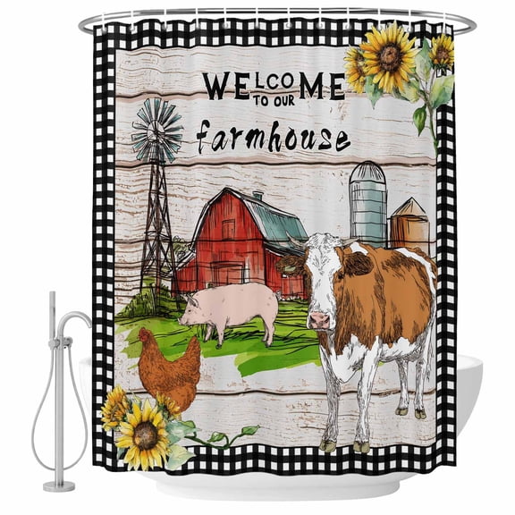 Small Stall Shower Curtain 36x72 Inch Narrow Half Size Farmhouse Cow Bath Curtains Bathroom Decor, Country Sunflowers Pig Cabin Barn Wooden Waterproof Fabric Shower Curtain Set with Hooks 36 Inch