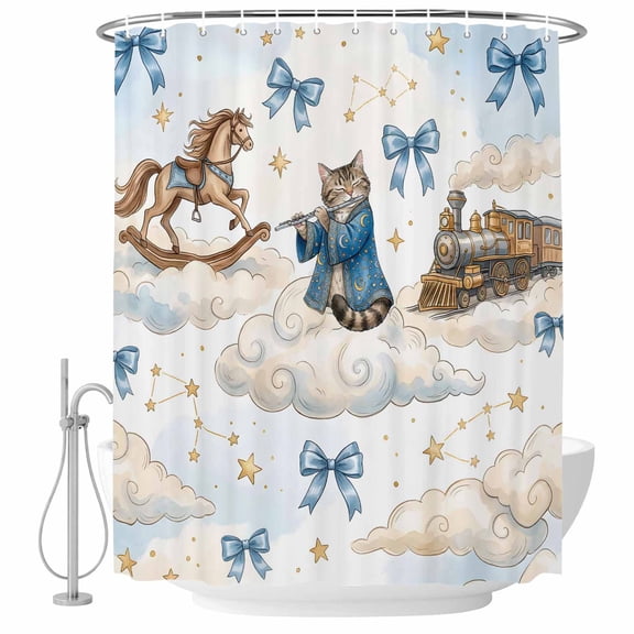 Small Stall Shower Curtain 36x72 Inch Narrow Half Size Funny Cartoon Bath Curtains Bathroom Decor, Blue Cute Cat Train Cloud Star Bow Knot Waterproof Fabric Shower Curtain Set with Hooks 36 Inch