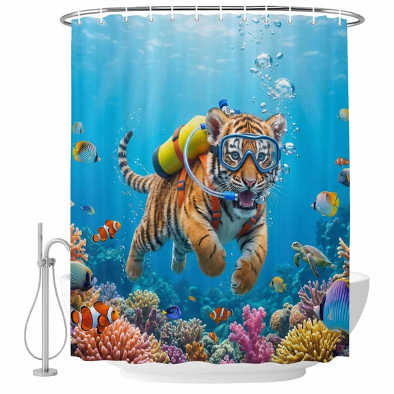 Small Stall Shower Curtain 36x72 Inch Narrow Half Size Funny Diving Tiger Bath Curtains Bathroom Decor, Ocean Sea Coastal Coral Fish Marine Life Waterproof Shower Curtain Set with Hooks 36 Inch
