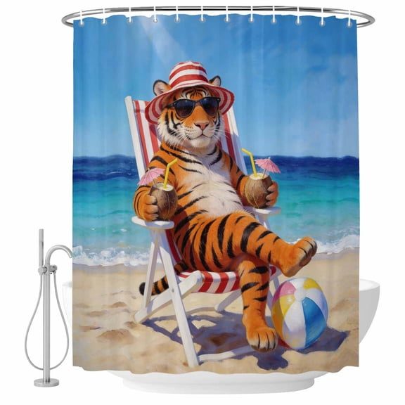 Small Stall Shower Curtain 36x72 Inch Narrow Half Size Funny Tiger Summer Beach Bath Curtains Bathroom Decor, Blue Sand Vacations Waterproof Fabric Shower Curtain Set with Hooks 36 Inch