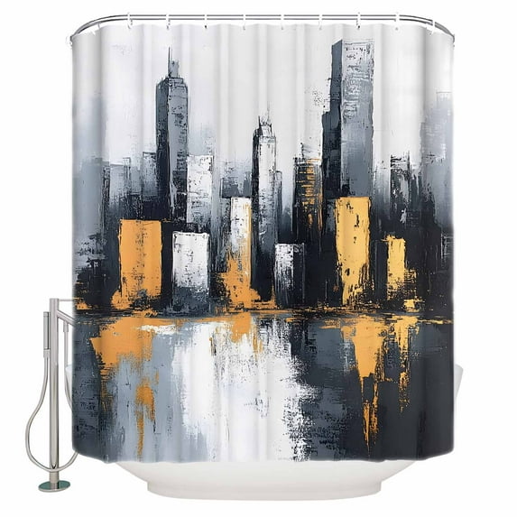 Small Stall Shower Curtain 36x72 Inch Narrow Half Size Gray Yellow Oil Painting Bath Curtains Bathroom Decor Modernism Minimalist City Waterproof Fabric Shower Curtain Set with Hooks 36 Inch