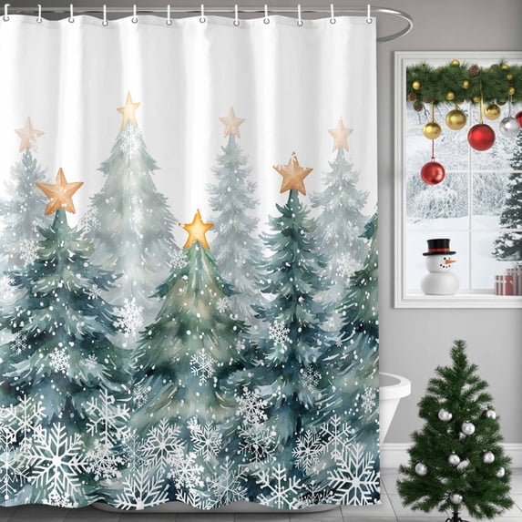 Small Stall Shower Curtain 36x72 Inch Narrow Half Size Green Christmas Tree Bath Curtains Bathroom Decor, Xmas Yellow Star Snowflake Forest Waterproof Fabric Shower Curtain Set with Hooks 36 Inch
