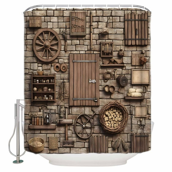Small Stall Shower Curtain 36x72 Inch Narrow Half Size Medieval Bath Curtains Bathroom Decor Rustic Weathered Grunge Cottage Scene Wooden Waterproof Fabric Shower Curtain Set with Hooks 36 Inch