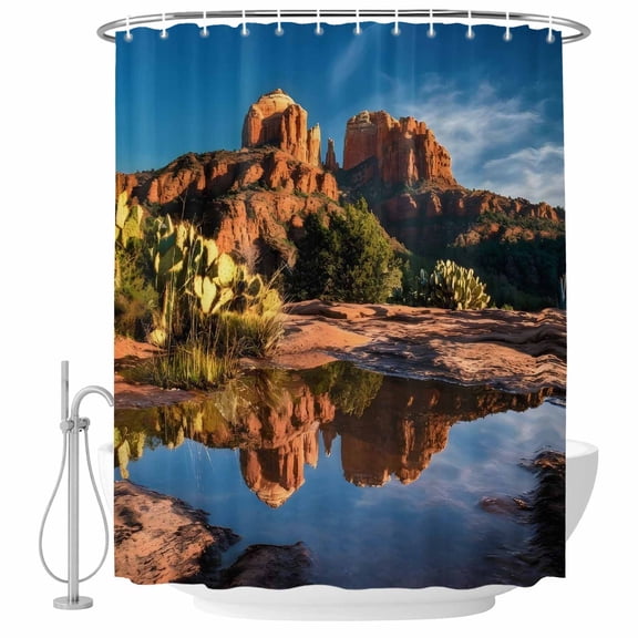 Small Stall Shower Curtain 36x72 Inch Narrow Half Size Mountains Bath Curtains Bathroom Decor, Nature Red Stone Sky Blue Landscape Waterproof Fabric Shower Curtain Set with Hooks 36 Inch