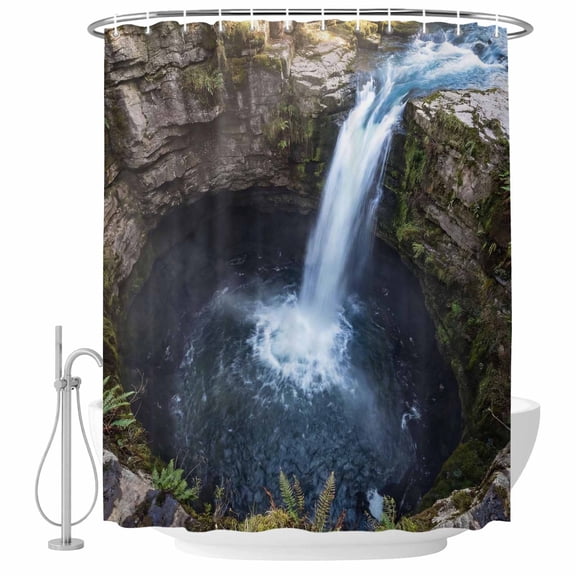 Small Stall Shower Curtain 36x72 Inch Narrow Half Size Mountains Bath Curtains Bathroom Decor, Nature Waterfall Landscape Blue Brown Waterproof Fabric Shower Curtain Set with Hooks 36 Inch