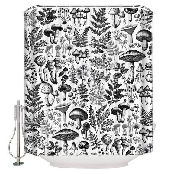 Small Stall Shower Curtain 36x72 Inch Narrow Half Size Mushroom Bath Curtains Bathroom Decor Botanical Black Plant Herb Ferns Flower Waterproof Fabric Shower Curtain Set with Hooks 36 Inch