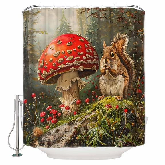 Small Stall Shower Curtain 36x72 Inch Narrow Half Size Mushroom Squirrel Bath Curtains Bathroom Decor Vintage Mushroom Botanical Waterproof Fabric Shower Curtain Set with Hooks 36 Inch