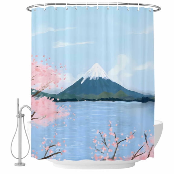 Small Stall Shower Curtain 36x72 Inch Narrow Half Size Nature Mountain Bath Curtains Bathroom Decor, Spring Blossoms Cherry Flowers Scenery Waterproof Fabric Shower Curtain Set with Hooks 36 Inch