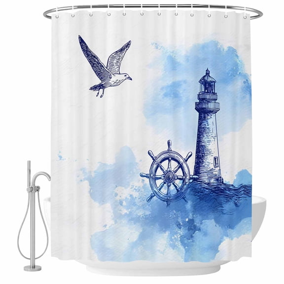 Small Stall Shower Curtain 36x72 Inch Narrow Half Size Nautical Lighthouse Bath Curtains Bathroom Decor, Blue Summer Coastal Rudder Seagull Waterproof Fabric Shower Curtain Set with Hooks 36 Inch