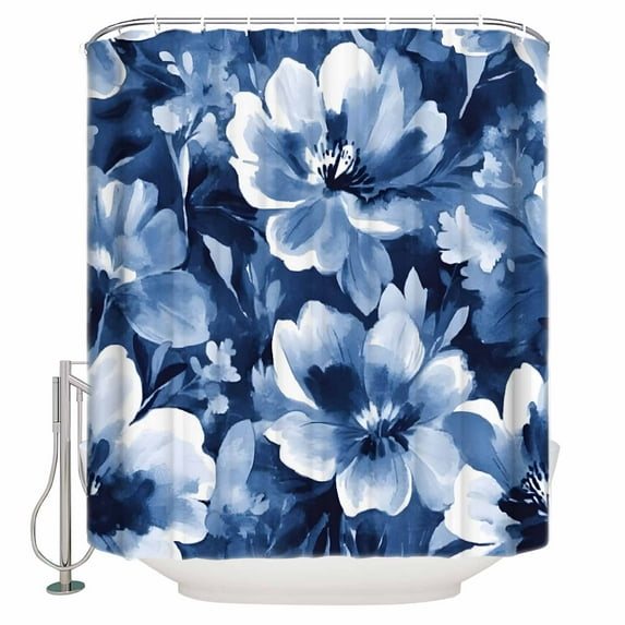 Small Stall Shower Curtain 36x72 Inch Narrow Half Size Navy Blue Spring Floral Bath Curtains Bathroom Decor Summer Flowers Watercolor Waterproof Fabric Shower Curtain Set with Hooks 36 Inch