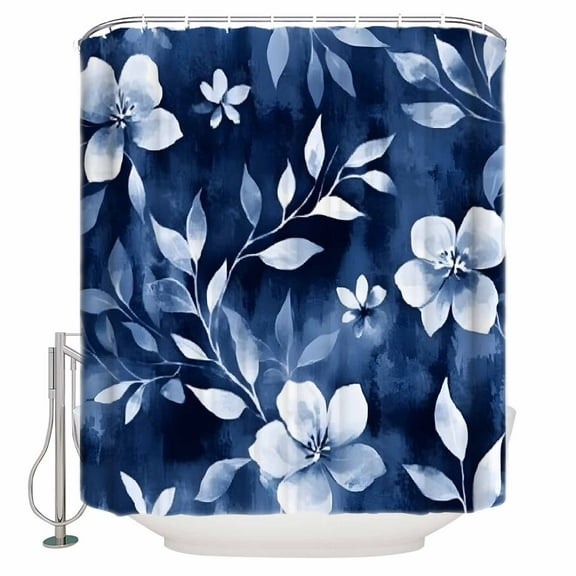 Small Stall Shower Curtain 36x72 Inch Narrow Half Size Navy Blue Spring Floral Bath Curtains Bathroom Decor Watercolor Summer Flowers Abstract Waterproof Fabric Shower Curtain Set with Hooks 36 Inch