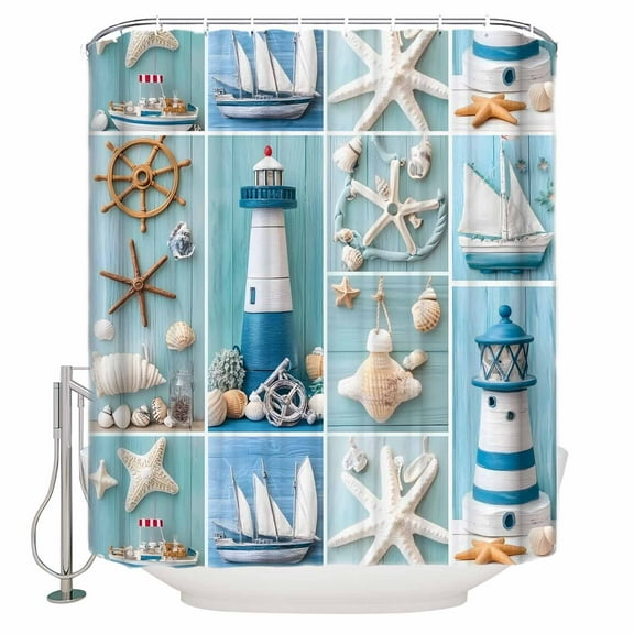 Small Stall Shower Curtain 36x72 Inch Narrow Half Size Ocean Coastal Bath Curtains Bathroom Decor Nautical Starfish Lighthouse Anchor Ship Waterproof Fabric Shower Curtain Set with Hooks 36 Inch
