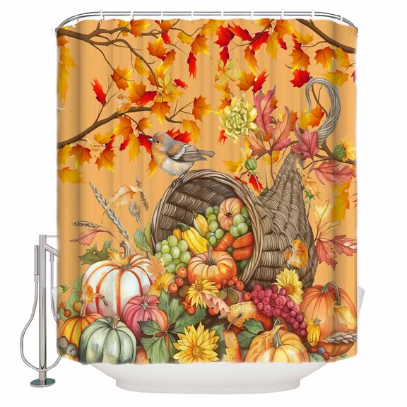 Small Stall Shower Curtain 36x72 Inch Narrow Half Size Orange Fall Bath Curtains Bathroom Decor Thanksgiving Pumpkins Autumn Botanical Waterproof Fabric Shower Curtain Set with Hooks 36 Inch