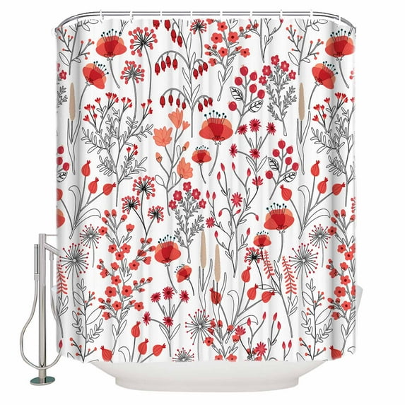 Small Stall Shower Curtain 36x72 Inch Narrow Half Size Orange Red Spring Floral Bath Curtains Bathroom Decor Vintage Botanical Colorful Elegant Waterproof Fabric Shower Curtain Set with Hooks 36 Inch