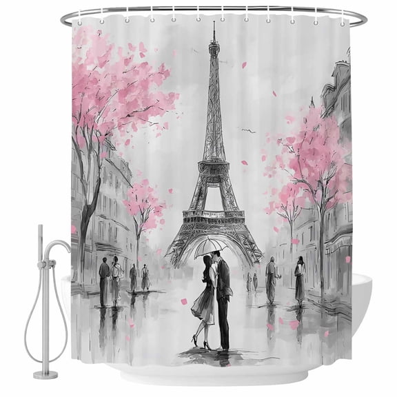 Small Stall Shower Curtain 36x72 Inch Narrow Half Size Paris Eiffel Tower Bath Curtains Bathroom Decor, Sweet Couple Romantic Pink Cherry Blossom Waterproof Shower Curtain Set with Hooks 36 Inch