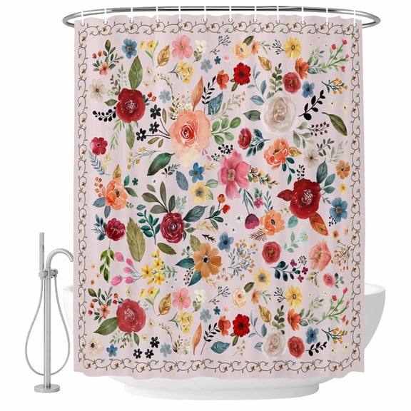 Small Stall Shower Curtain 36x72 Inch Narrow Half Size Pink Flowers Bath Curtains Bathroom Decor, Spring Farmhouse Floral Leaves Vintage Waterproof Fabric Shower Curtain Set with Hooks 36 Inch