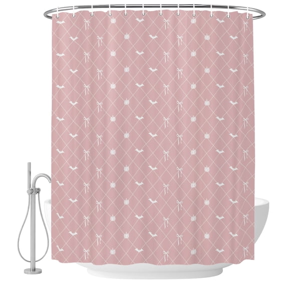 Small Stall Shower Curtain 36x72 Inch Narrow Half Size Pink Halloween Bath Curtains Bathroom Decor, Checkered Bat Bow Waterproof Fabric Shower Curtain Set with Hooks 36 Inch
