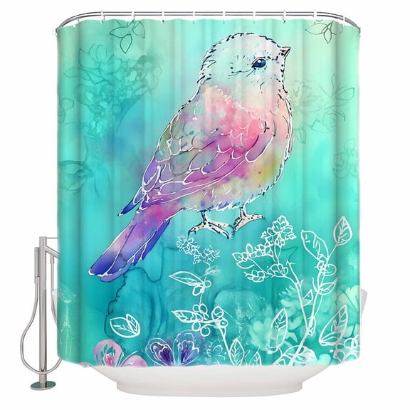Small Stall Shower Curtain 36x72 Inch Narrow Half Size Pink Purple Birds Bath Curtains Bathroom Decor Botanical Watercolor Leaf Floral Plant Waterproof Fabric Shower Curtain Set with Hooks 36 Inch