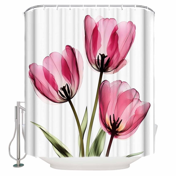 Small Stall Shower Curtain 36x72 Inch Narrow Half Size Pink Tulips Bath Curtains Bathroom Decor Country Retro Aesthetic Floral Flower Waterproof Fabric Shower Curtain Set with Hooks 36 Inch