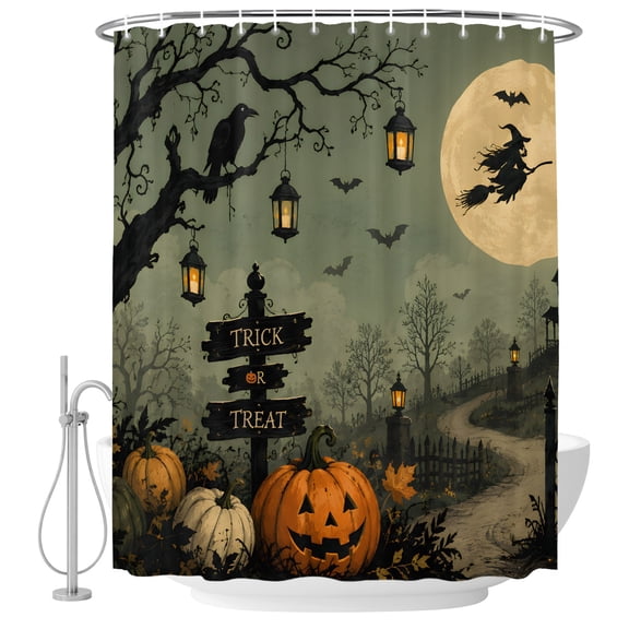 Small Stall Shower Curtain 36x72 Inch Narrow Half Size Pumpkins Path Halloween Bath Curtains Bathroom Decor, Black Trees Moon Waterproof Fabric Shower Curtain Set with Hooks 36 Inch