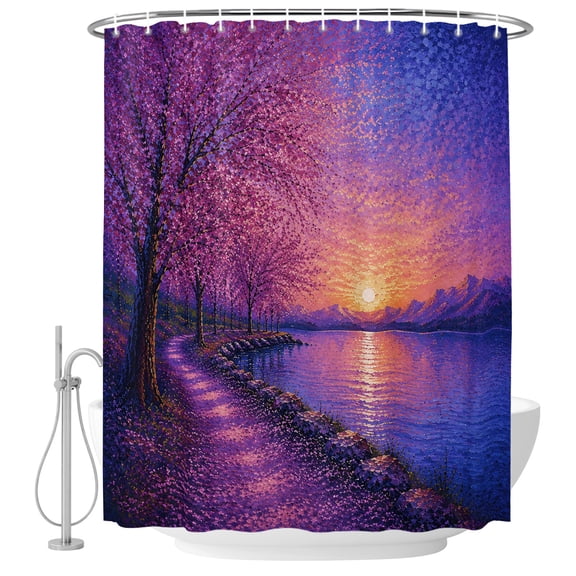 Small Stall Shower Curtain 36x72 Inch Narrow Half Size Purple Tree Bath Curtains Bathroom Decor, Fantasy Sunset Lakeside Path Mountains Ripples Waterproof Fabric Shower Curtain Set with Hooks 36 Inch