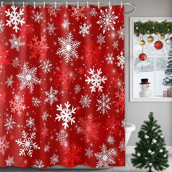 Small Stall Shower Curtain 36x72 Inch Narrow Half Size Red Christmas Bath Curtains Bathroom Decor, Shiny Red White Snowflake Xmas Waterproof Fabric Shower Curtain Set with Hooks 36 Inch