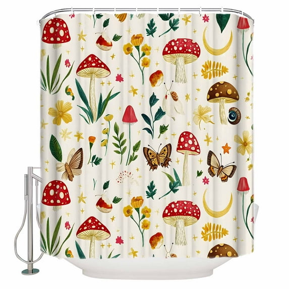 Small Stall Shower Curtain 36x72 Inch Narrow Half Size Red Mushroom Bath Curtains Bathroom Decor Spring Summer Floral Farmhouse Waterproof Fabric Shower Curtain Set with Hooks 36 Inch