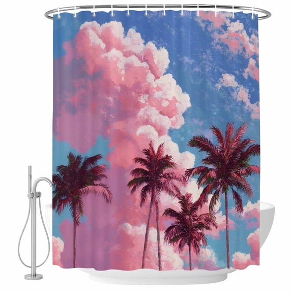 Small Stall Shower Curtain 36x72 Inch Narrow Half Size Romance Summer Bath Curtains Bathroom Decor, Pink Cloud Tropical Palm Trees Blue Sky Waterproof Fabric Shower Curtain Set with Hooks 36 Inch